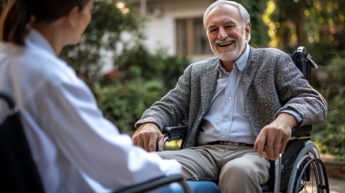 PagoPa come funziona: anziano che sorride sulla sedia a rotelle