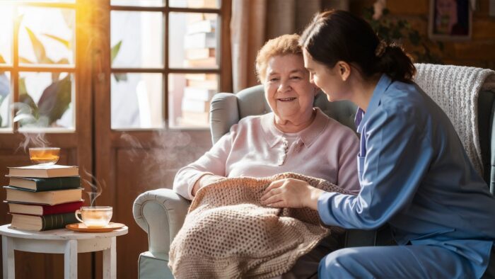 badante e anziana signora che bevono il tè